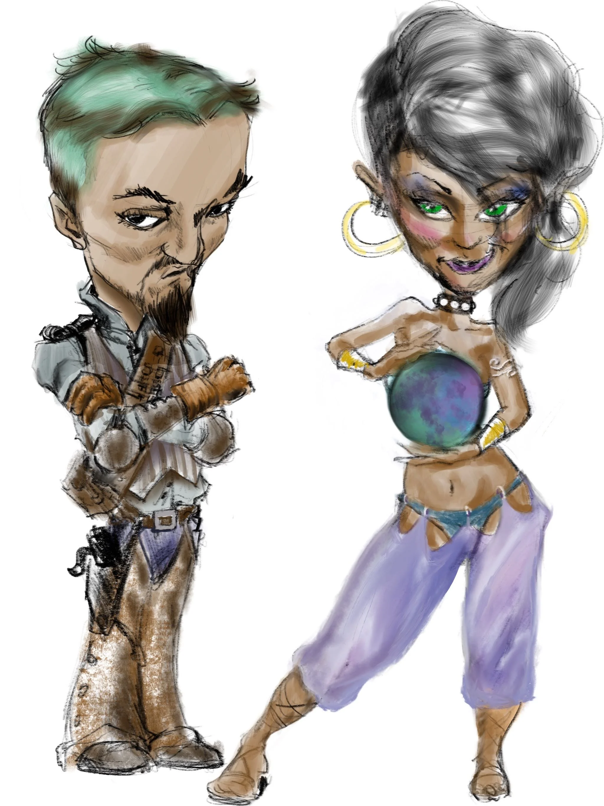 Using Procreate I am always keen to play around with character creation; in this case I used myself and a ravishing friend of mine.