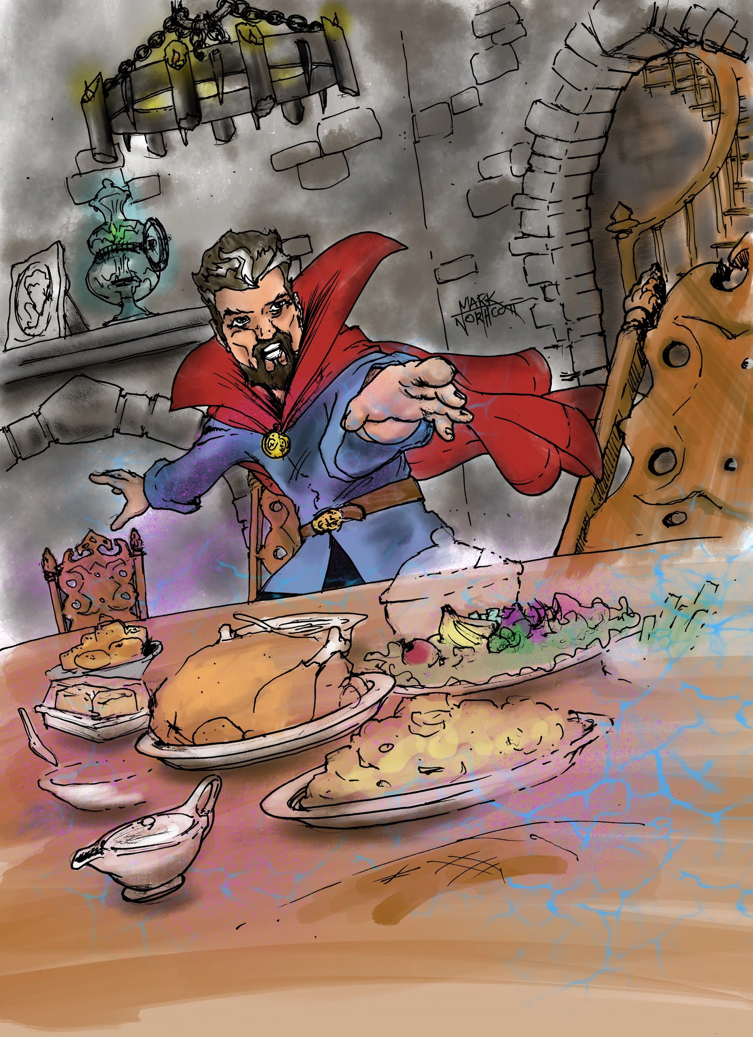 A medieval king in a red cape and blue tunic, with a beard, is pointing accusingly at a lavish feast on a large wooden table. The table is filled with a roasted turkey, side dishes, and bread. The background includes stone walls, a chandelier, and a fireplace with a painting of a face. The scene is lively with vivid colors and expressive line work, creating a humorous and dramatic dining scene.