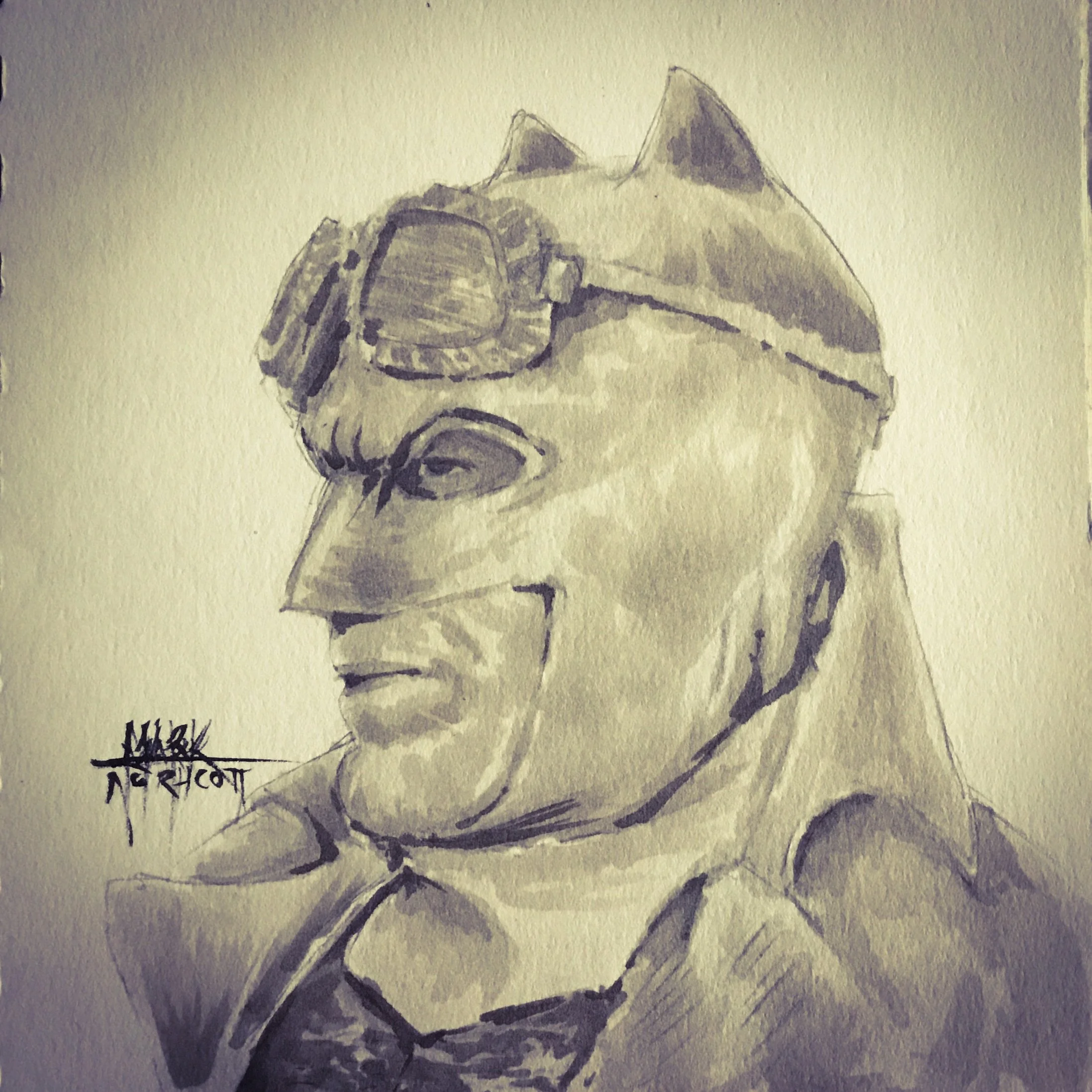I wish I knew the artist I could give credit to having created my version of it depicting the Batman from one of the recent Justice League related movies. This was done with Copic markers on Super Bee multimedia paper. 6"x6"