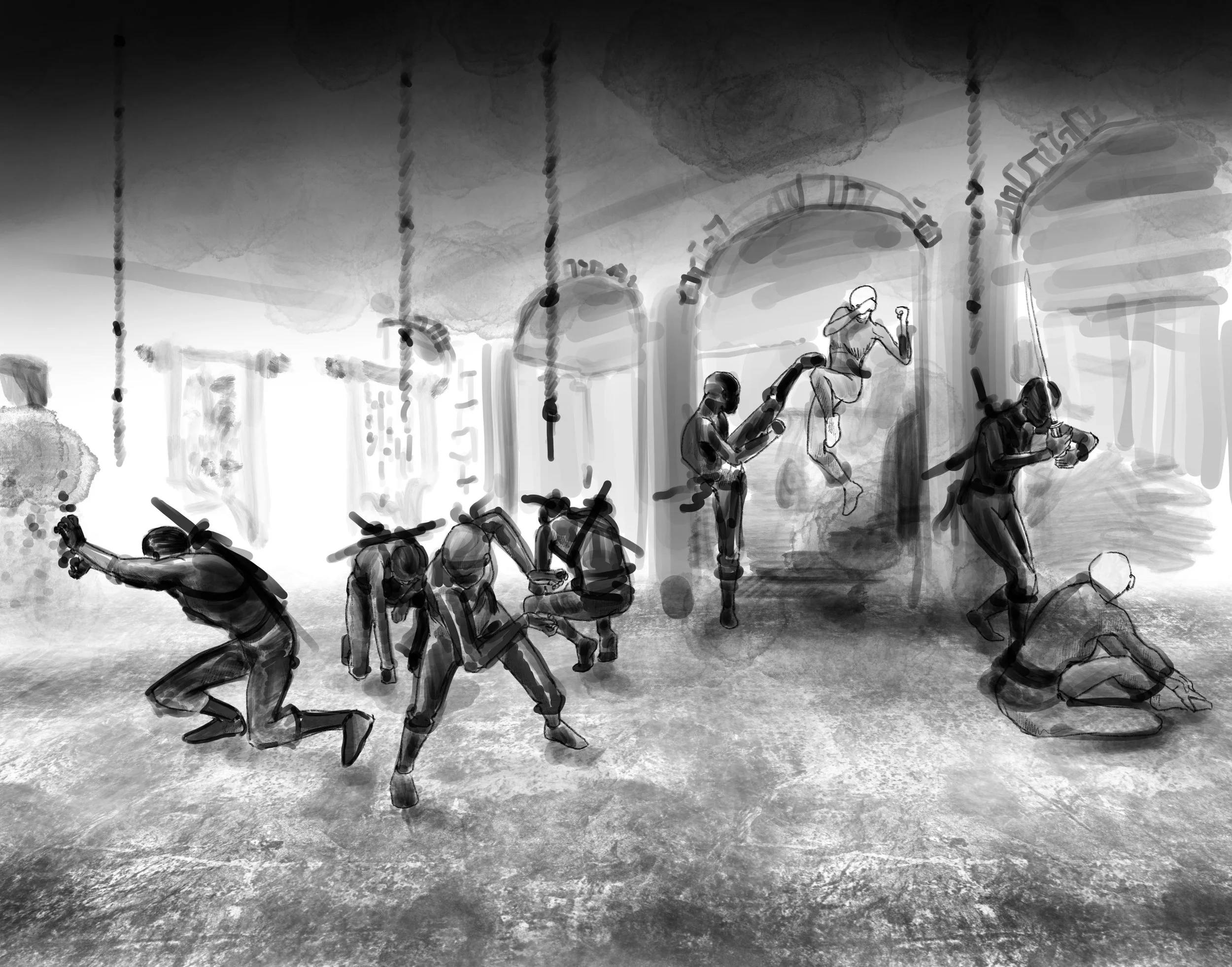 Sketch of a street scene with multiple people; some are sitting, some are walking, and some are jumping or climbing. The background shows buildings and hanging decorations.