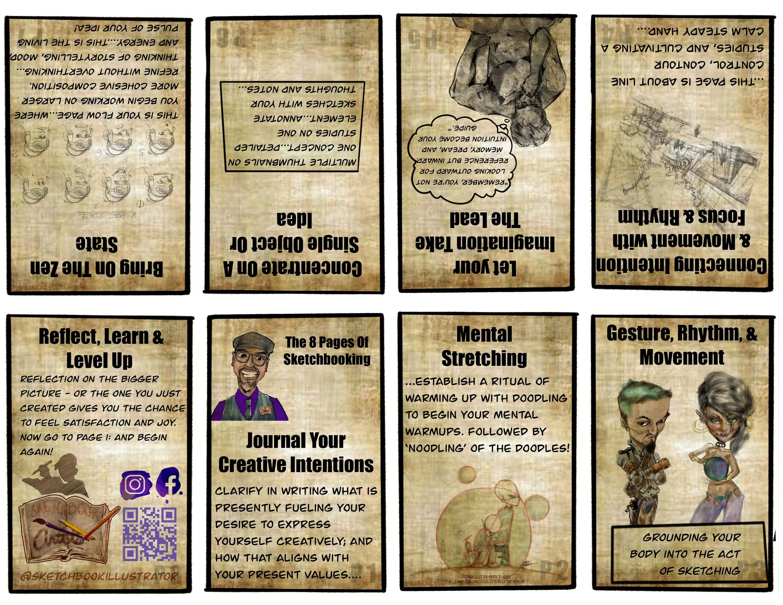 Eight pages of a sketchbook with instructions and illustrations on various drawing and sketching techniques, including warming up, gesture and movement, and reflection to improve creative skills, with cartoon-style drawings of people and artistic tools.