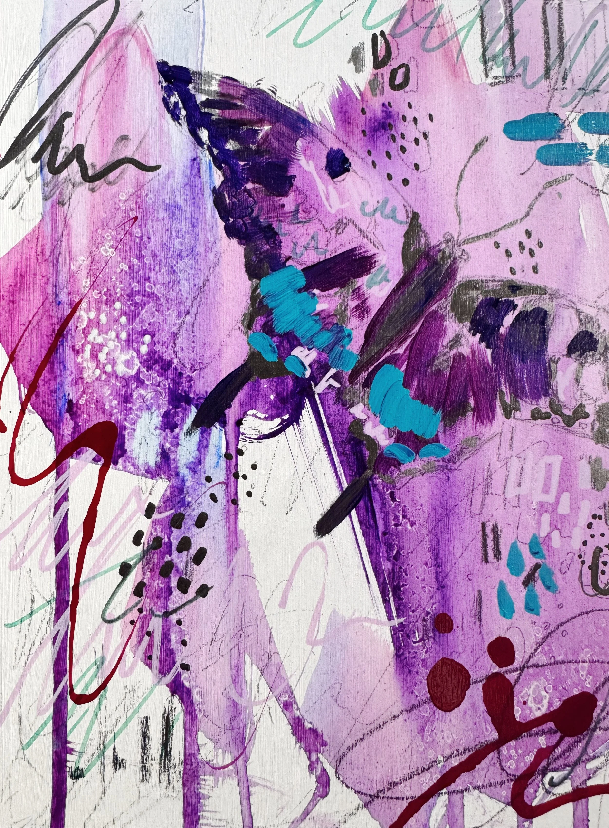Abstract art featuring a mix of purple, pink, blue, black, and white paint strokes, splatters, and scribbles.