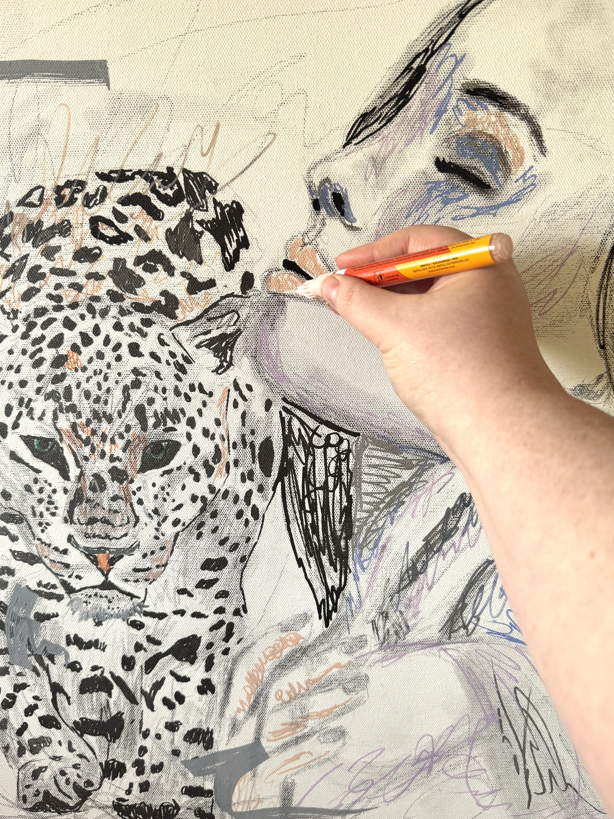 Work in progress painitng of a woman next to a leopard
