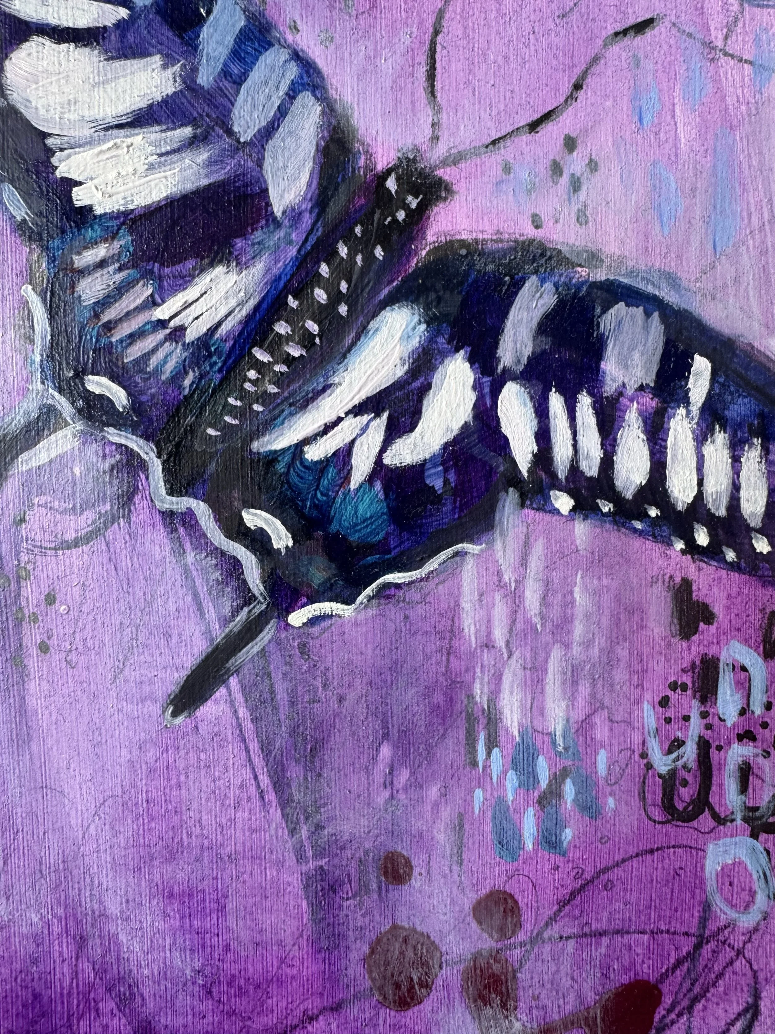 Abstract painting depicting butterfly wings with purple, white, and black colors on a purple background.