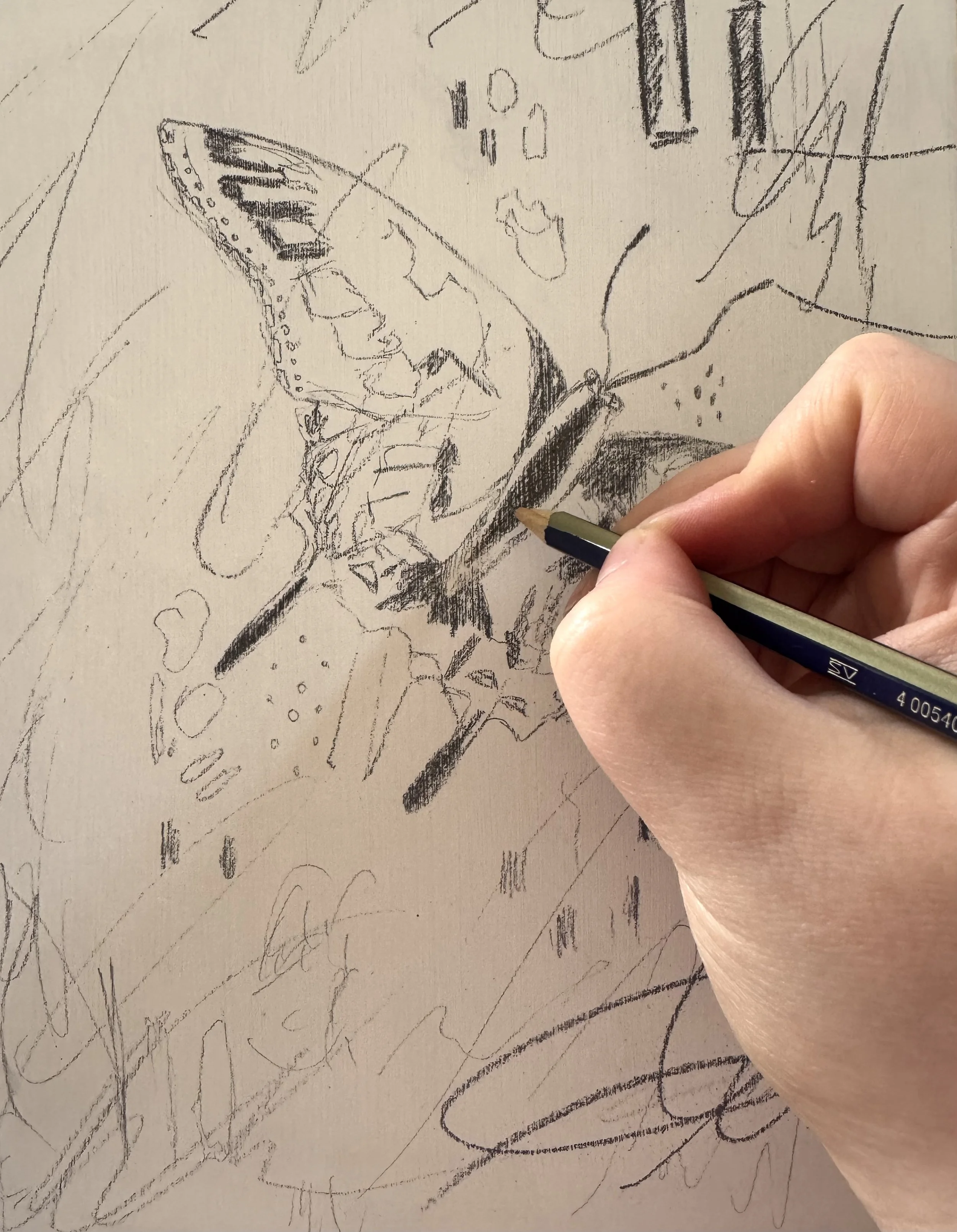 A person drawing a butterfly with a pencil on a rough sketch paper, surrounded by scribbles and doodles.