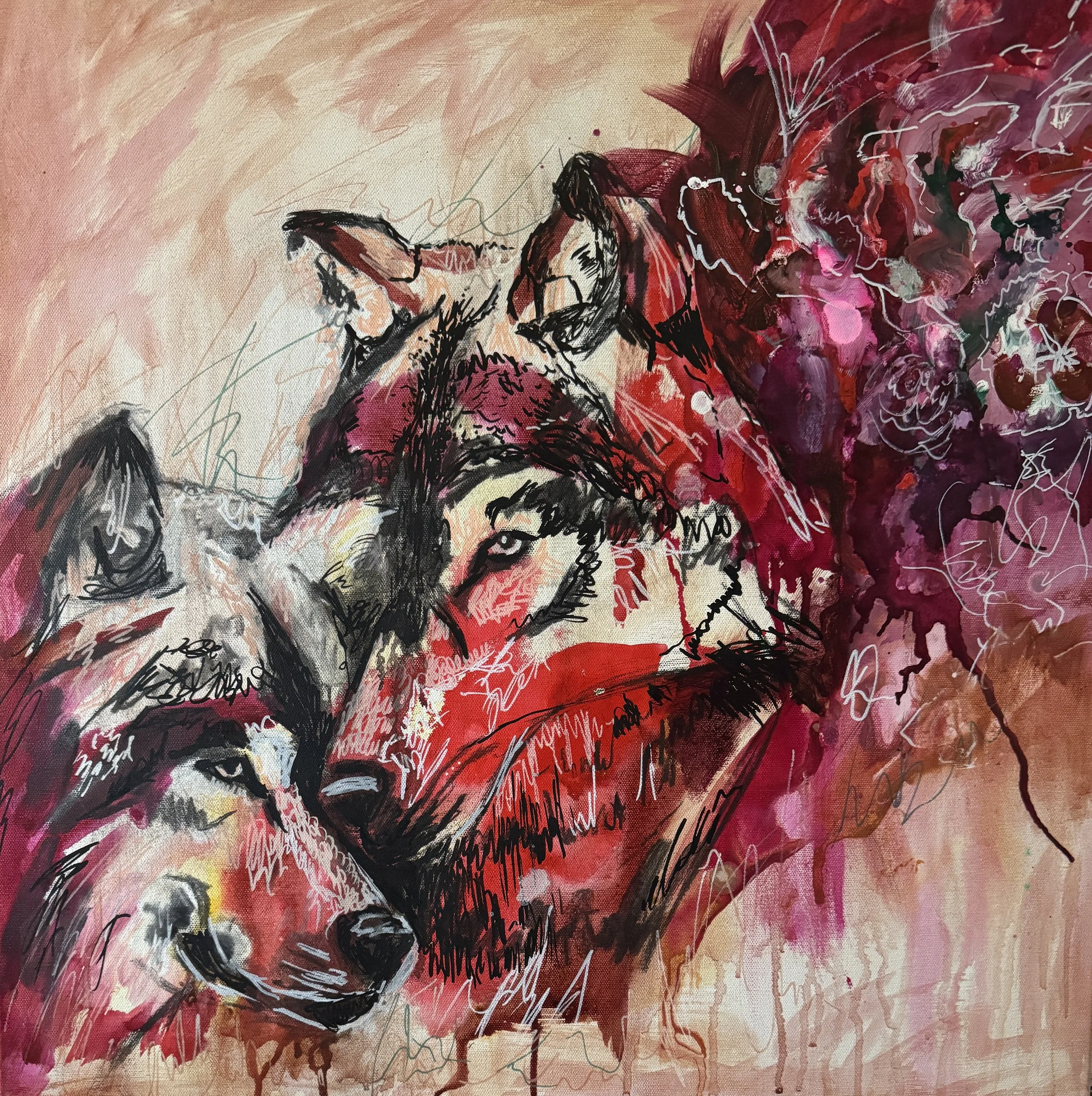 Two wolves cuddling underpainting work in progress