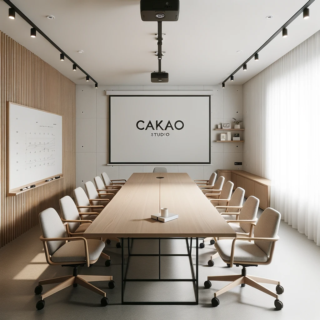 DALL·E 2023-10-16 23.54.48 - Photo of a meeting room in 'Cakao Studio'. Minimalist decor with a long wooden table, comfortable chairs, a whiteboard, and a projector. The 'Cakao St.png