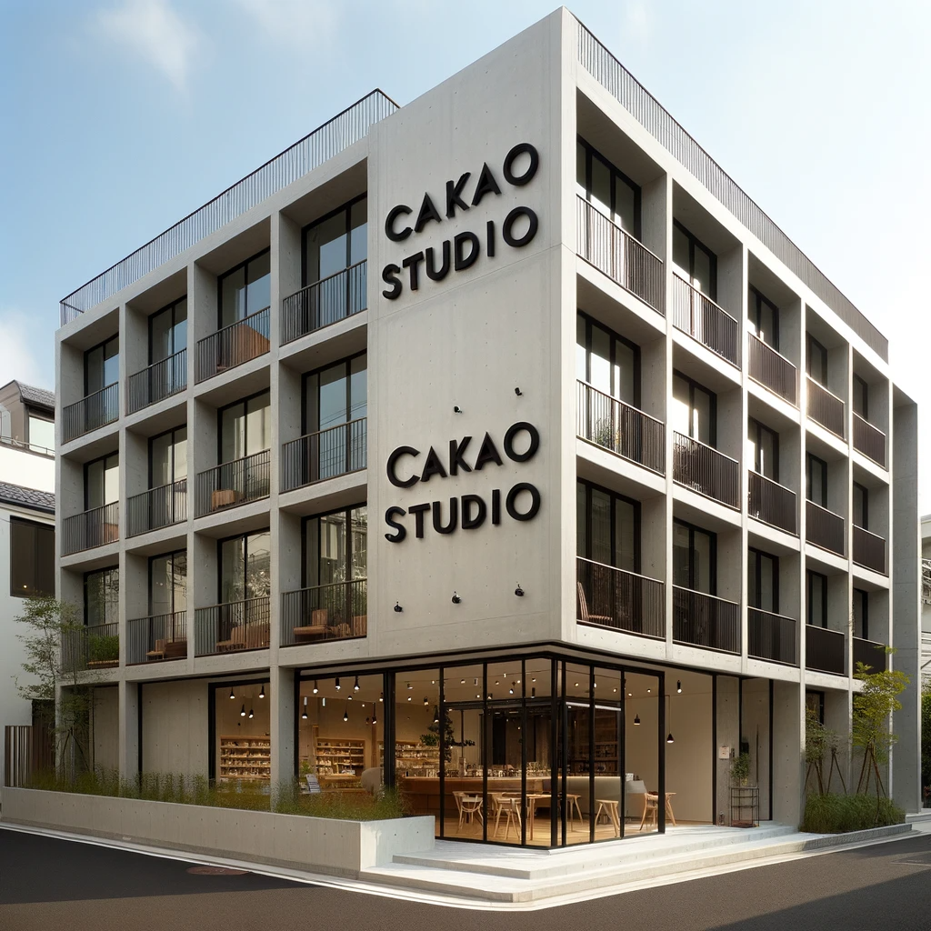 DALL·E 2023-10-16 23.54.46 - Photo of the exterior of 'Cakao Studio'. A contemporary building with clean lines, large windows, and a bold 'Cakao Studio' sign at the entrance.png