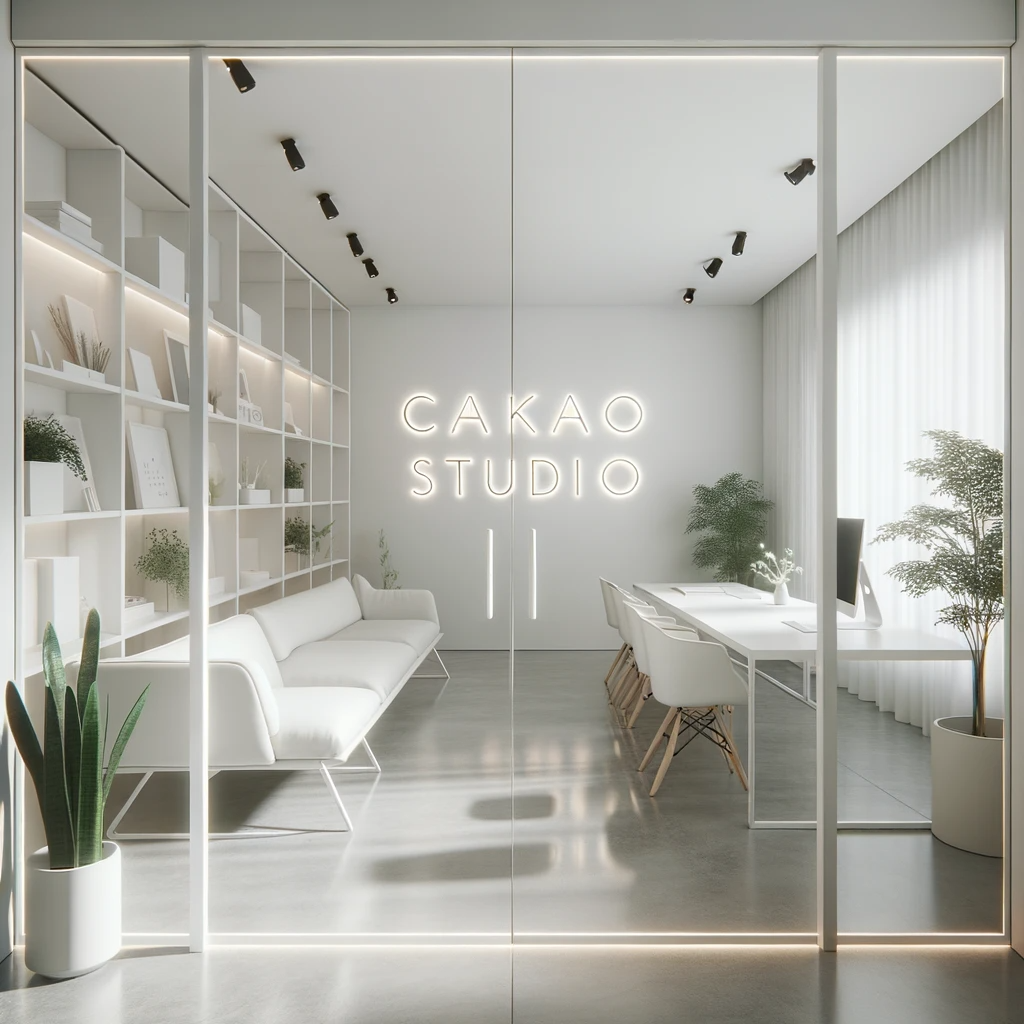 DALL·E 2023-10-16 23.54.51 - Photo of a modern and minimalist design studio interior with white walls, sleek furniture, and ambient lighting. The name 'Cakao Studio' is elegantly .png