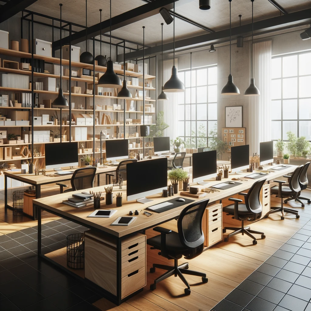 DALL·E 2023-10-16 23.54.50 - Photo of a spacious design workspace in 'Cakao Studio'. Open-concept with large windows allowing natural light, wooden desks, black ergonomic chairs, .png