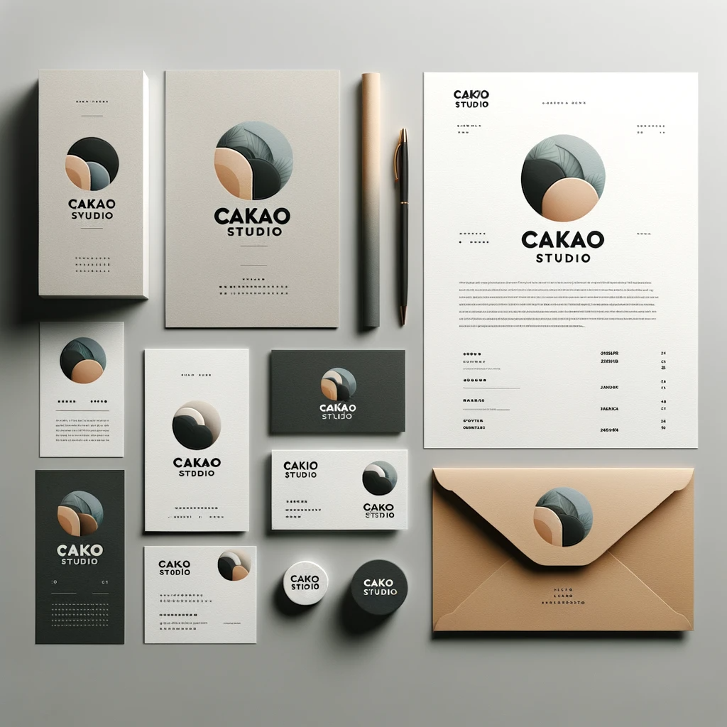 DALL·E 2023-10-16 23.56.49 - Photo of a sleek branding package designed by 'Cakao Studio'. It includes a logo, business cards, and letterhead with a cohesive color scheme and mode.png