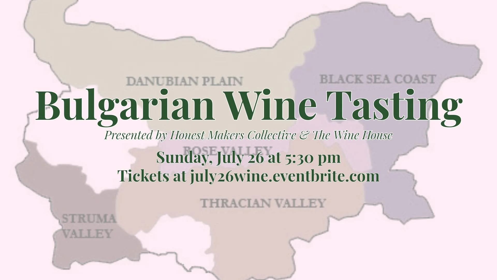 Our next wine tasting takes you on a journey south of the Danube to Bulgaria! 🥂

Join us on Sunday, July 26 at 5:30 pm to learn about Bulgaria's wine regions, best grapes to enjoy from the region &amp; enjoy yummy clean-produced wines. 🍇

Tickets a