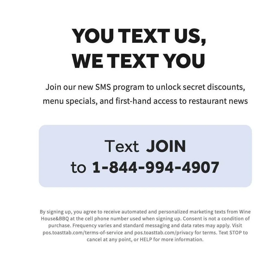 Never miss an upcoming event or discount again! Sign up to receive text messages from The Wine House 🥂