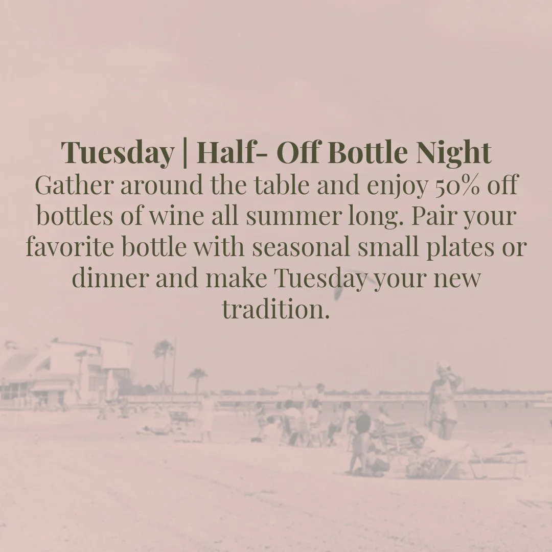 ✨HALF OFF BOTTLES EVERY TUESDAY✨

Discover your new favorite wine, every Tuesday, for half the cost when you're hanging with us!

We'll see you at 4pm for Golden Hour: our weekday happy hour featuring drinks and bites starting at just $5!

The Wine H