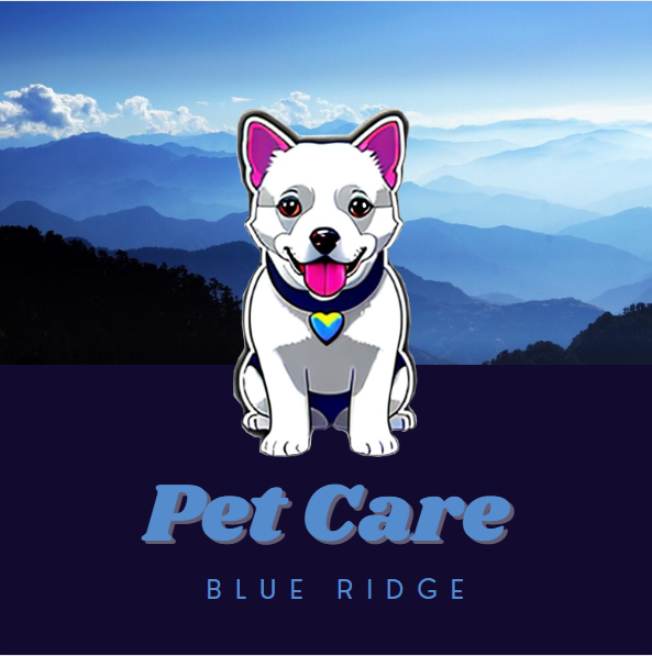 Logo for pet care called Blue Ridge featuring a cartoon white dog with pink ears, a heart tag, and a mountain landscape background.