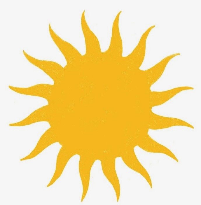 Yellow stylized sun with wavy rays on a white background.