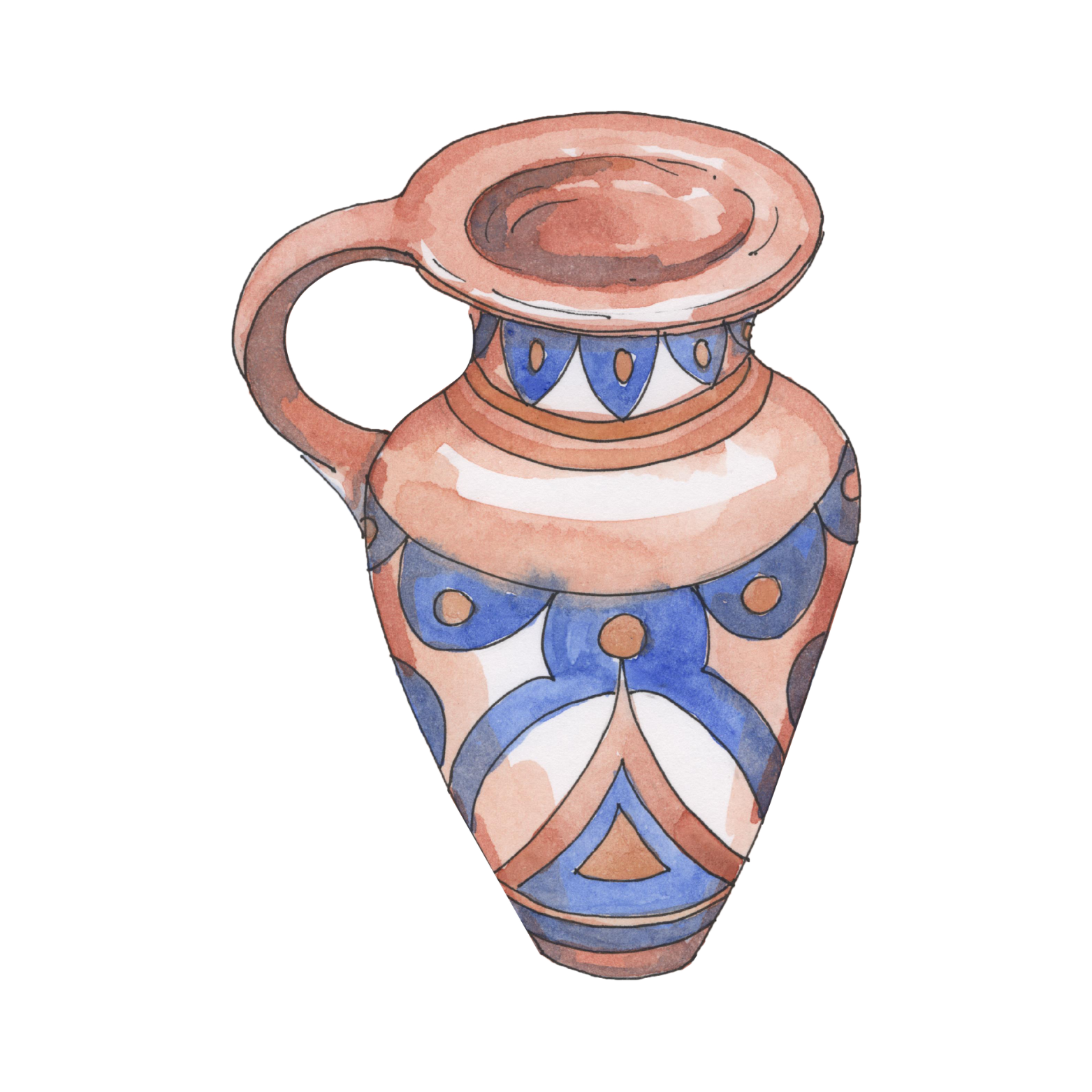 Watercolor painting of an ornate clay vase with geometric blue, white, and brown patterns.