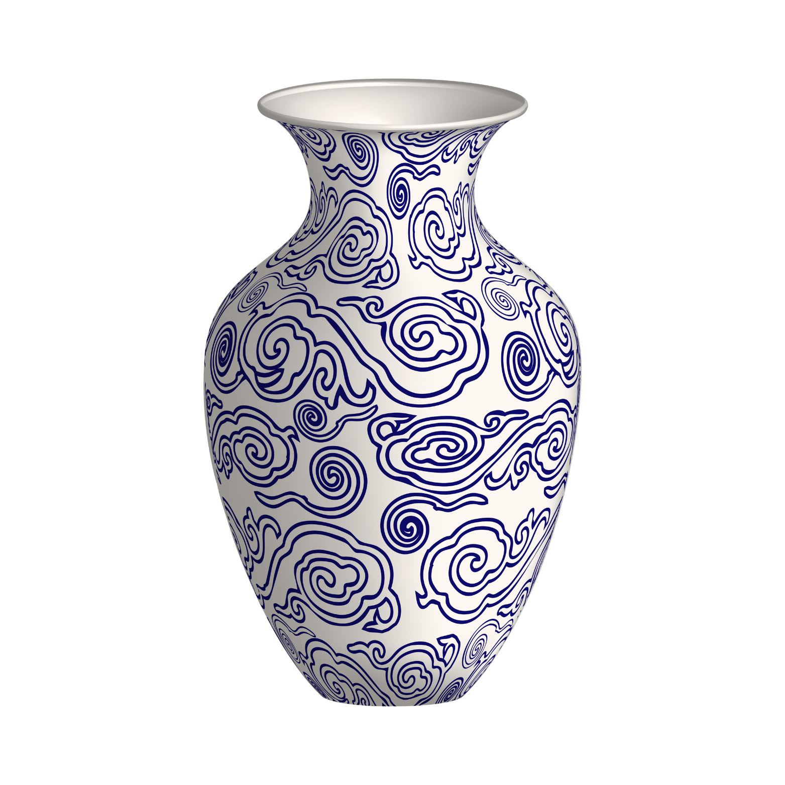 A tall, elegant ceramic vase with a narrow neck and wide opening, decorated with a blue swirling cloud pattern on a white background.