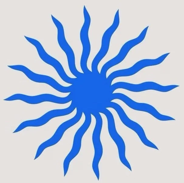 Blue abstract spiral design with wavy lines radiating from the center on a light background.