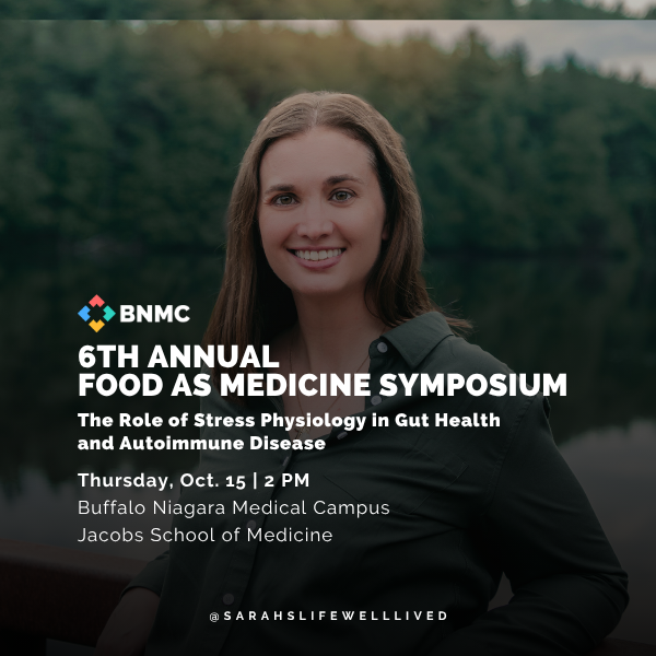 A smiling woman with long brown hair outdoors near a body of water and trees, promoting the 6th Annual Food as Medicine Symposium at Buffalo Niagara Medical Campus.