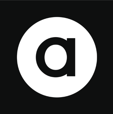A black background with a white circle containing a lowercase 'a' in black.
