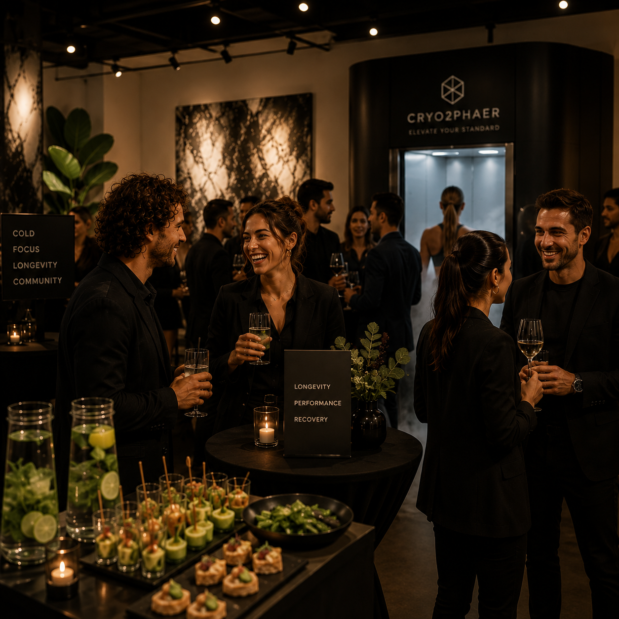 Menschen bei einer eleganten Party, trinken Wein, umgeben von Dekorationen, mit einem Cryo2phaer-Kühlschrank im Hintergrund, der Kälte zeigt.