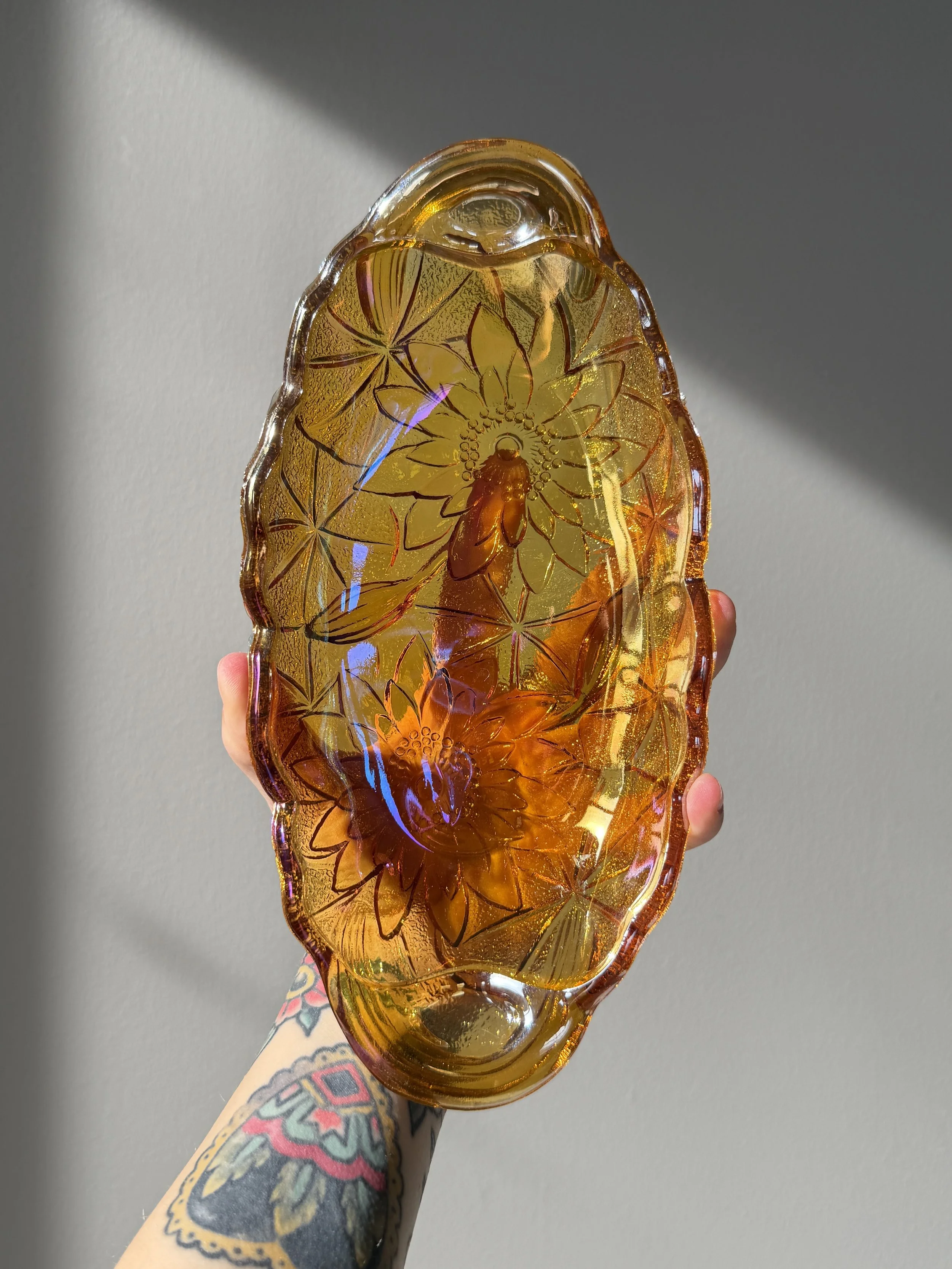 Vintage Indiana Marigold Amber Carnival Glass Lily Pons Oval Dish