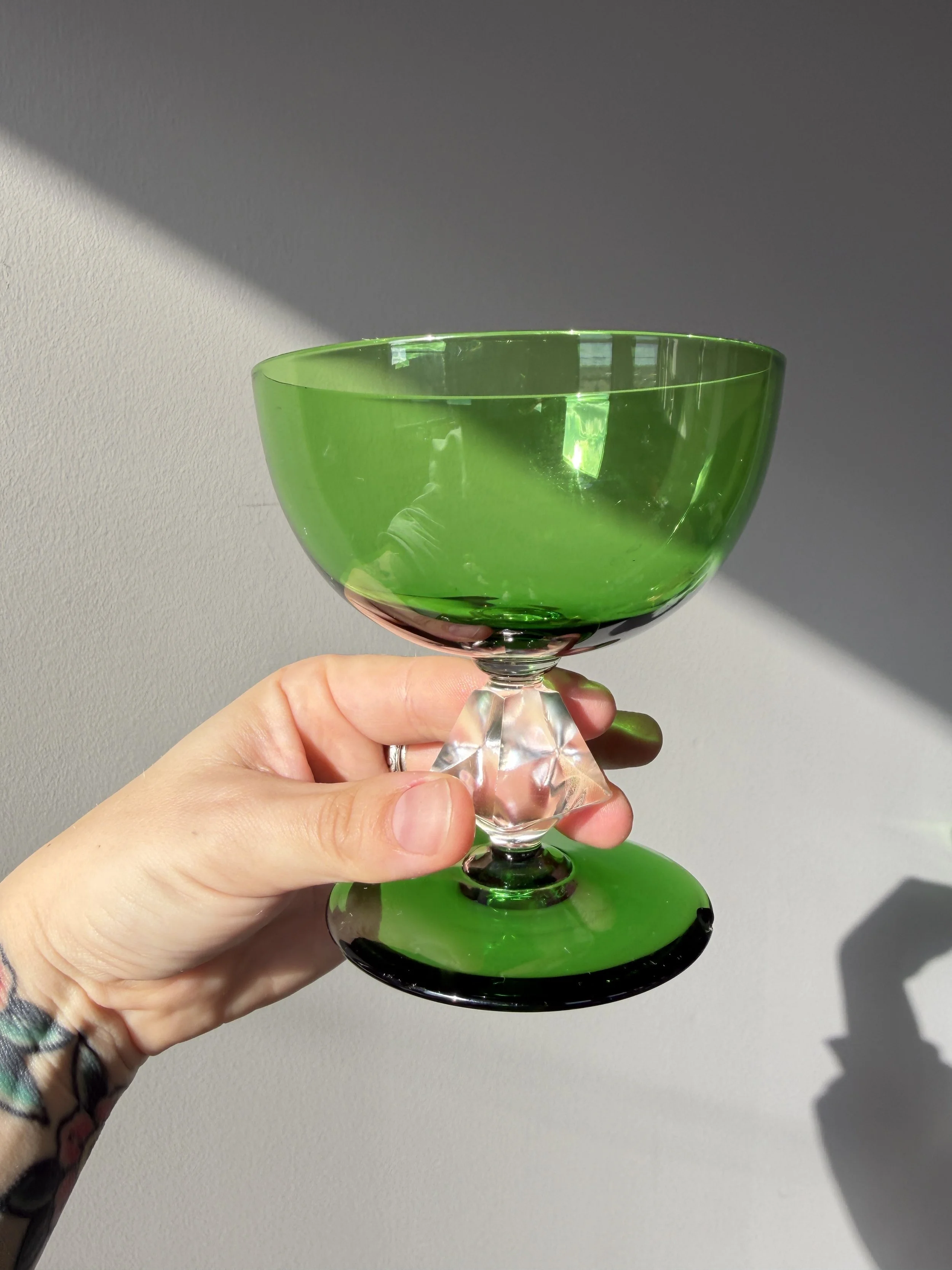 Vintage Green Glass Cup with Diamond Detail