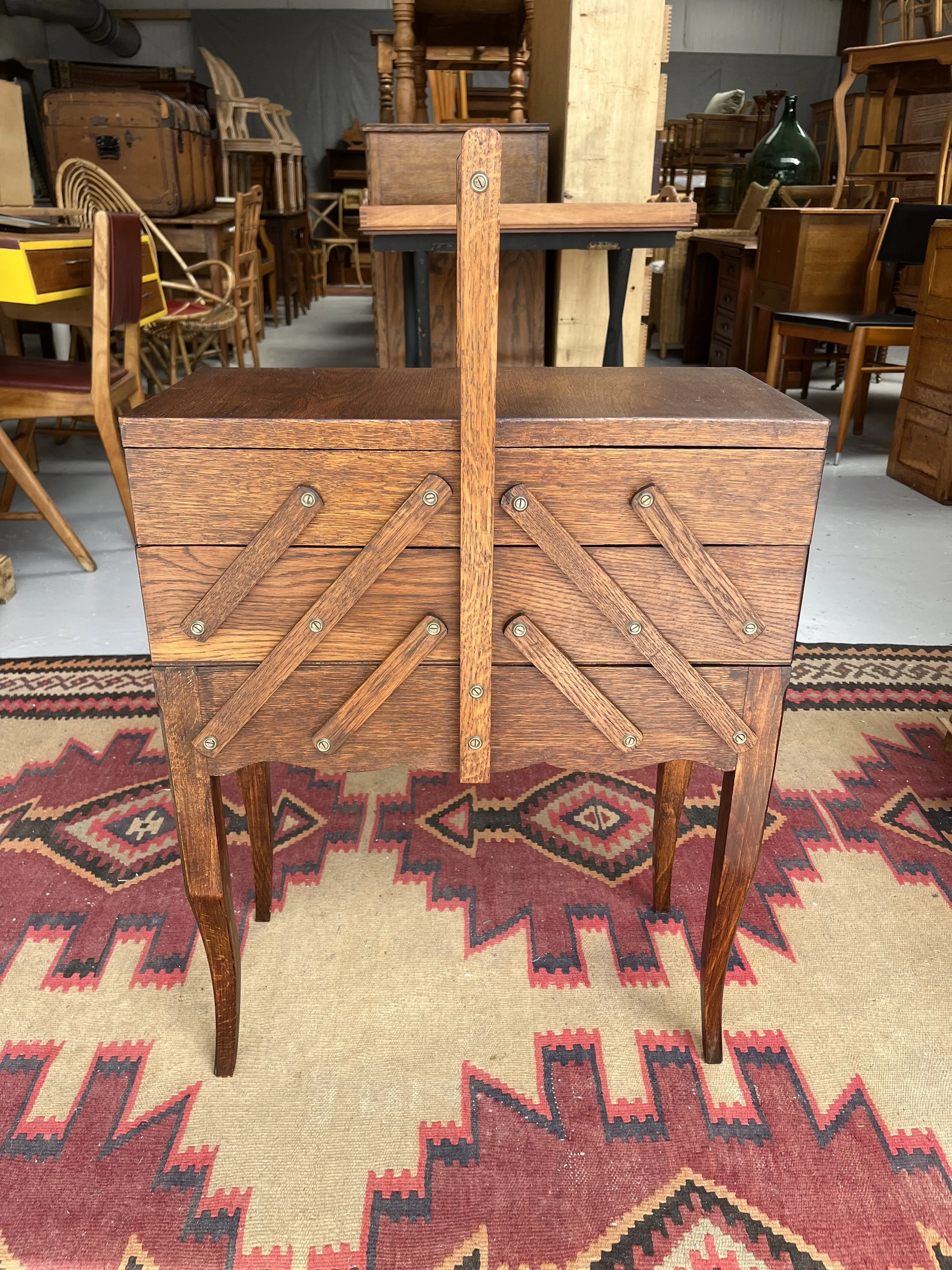Secondhand vintage sewing box on legs