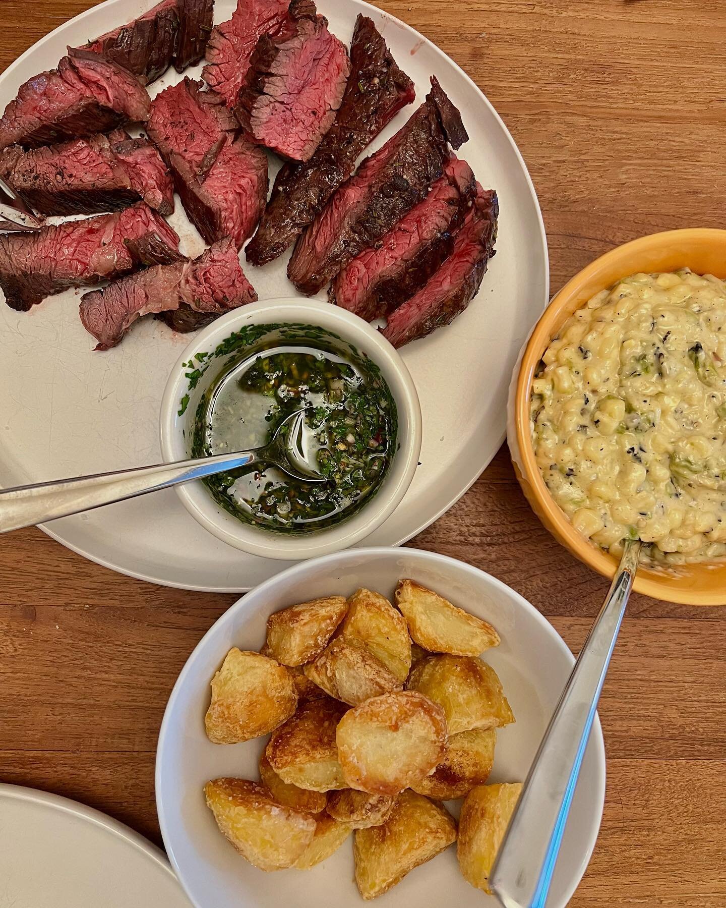 Hanger steak used to be the cut butchers took home for themselves and their families and if you cook it correctly you&rsquo;ll know why. All the steak flavor of a ribeye at half the cost. I made this one with chimichurri, roast beef fat potatoes, and