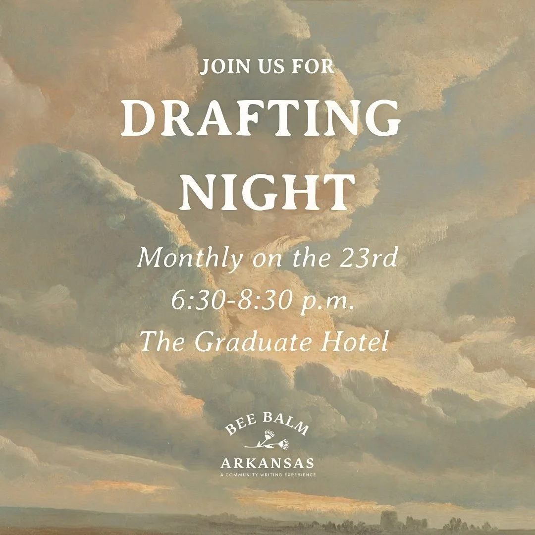 White text overlayed onto an oil painting of clouds at twilight. Text reads: Join us for Drafting Night Monthly on the 23rd 6:30-8:30 p.m. The Graduate Hotel