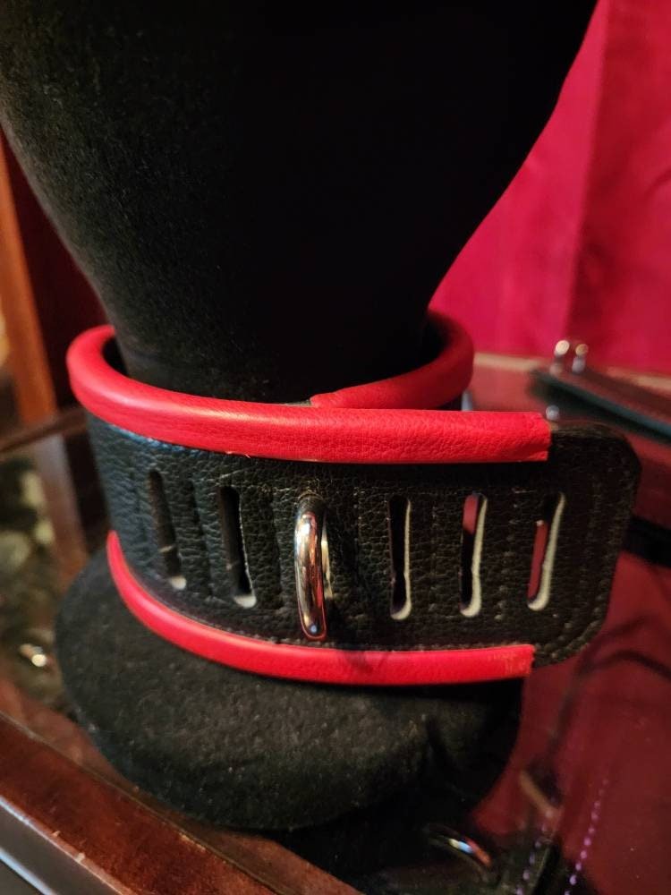 Red and Black leather posture collar for submissives with stainless steel d-ring