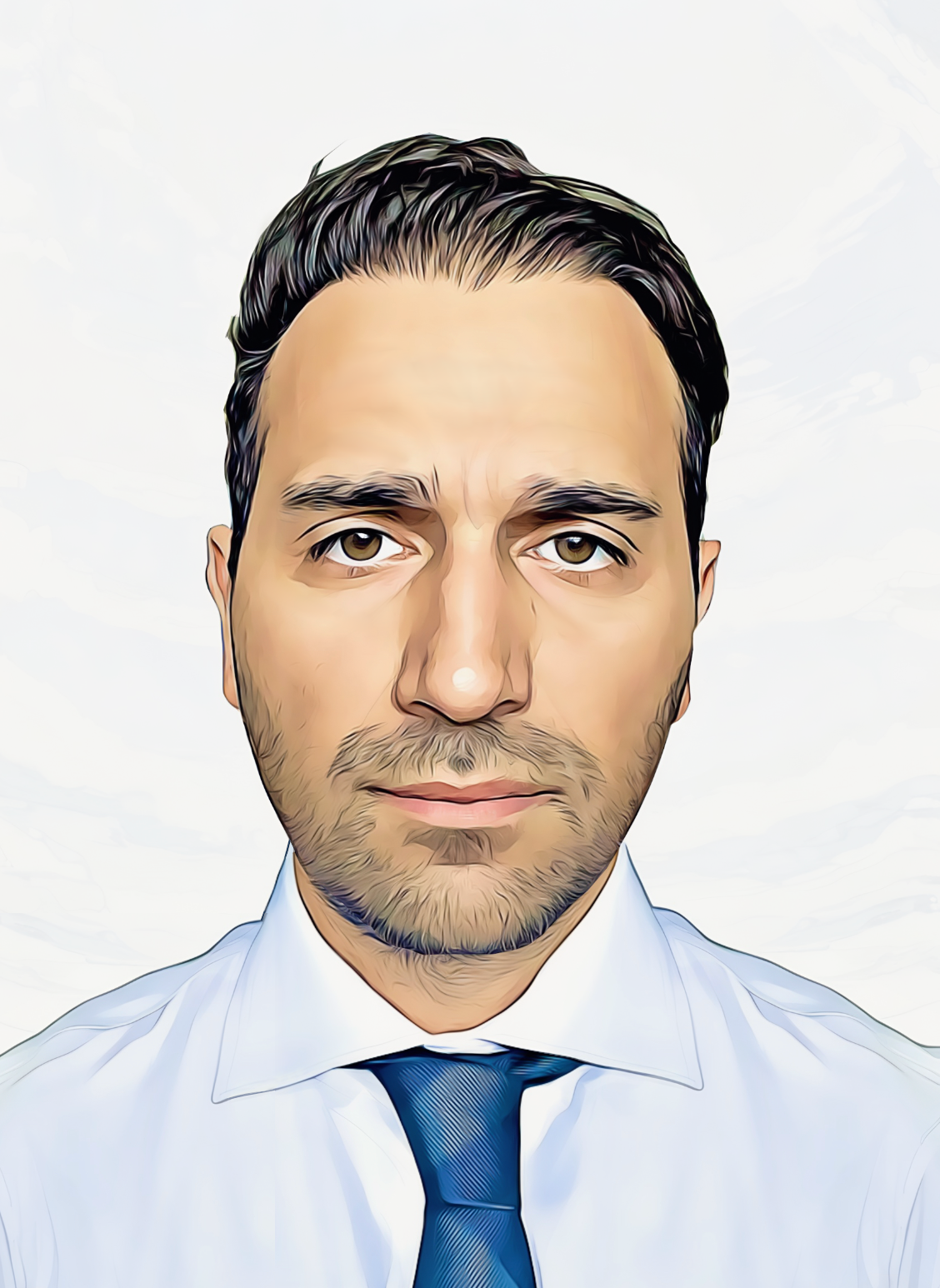 A digitally styled portrait of a man with dark hair, wearing a light-colored shirt and a dark tie, against a light background.