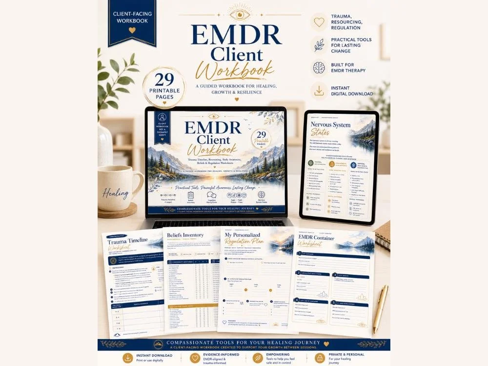 EMDR Client Workbook | Trauma Timeline, Resourcing, Body Awareness, Beliefs and Regulation Worksheets