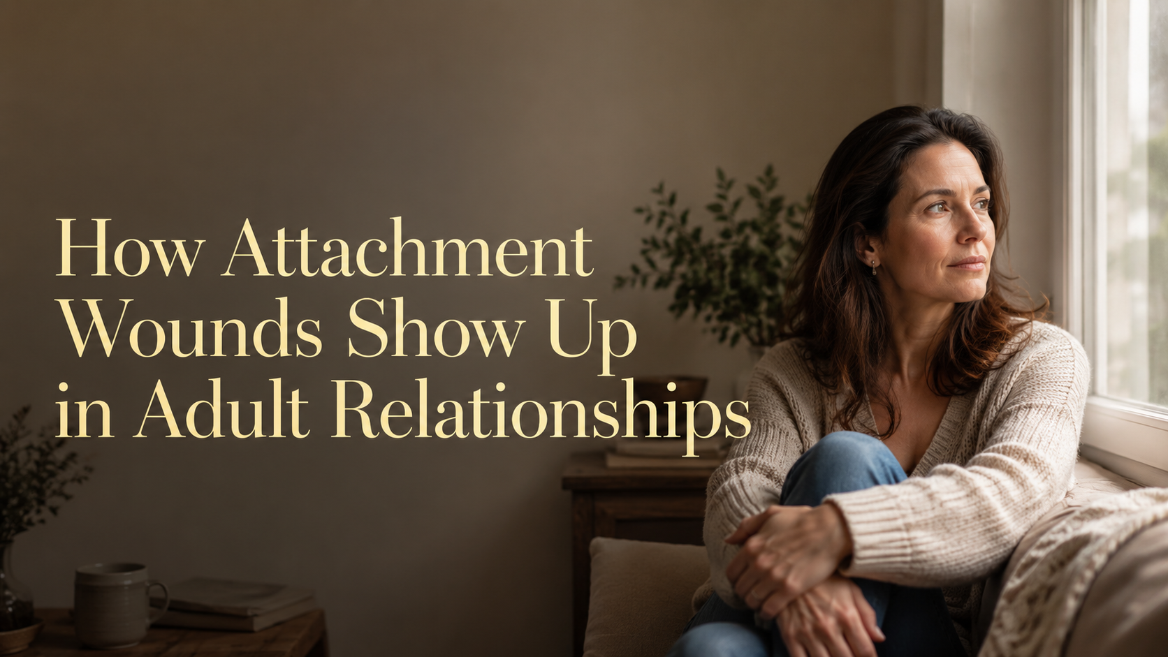 Woman reflecting on attachment wounds and relationship patterns in adult relationships.