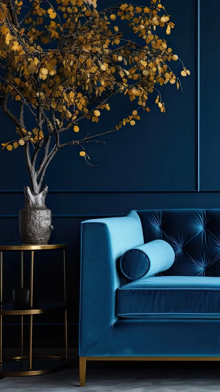 Blue velvet sofa in a calm, welcoming setting for adult therapy.