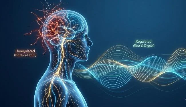 Illustration comparing nervous system dysregulation and regulation, showing the impact of chronic stress, burnout, and emotional exhaustion versus a calmer regulated state.