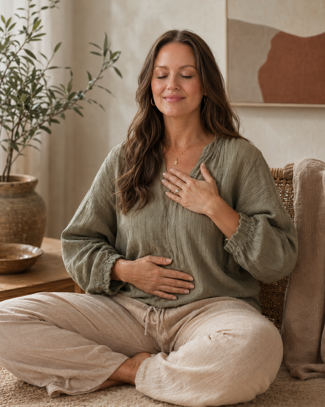 Elizabeth Boyer, somatic psychotherapist and yoga teacher, practicing a gentle seated breathing exercise.
