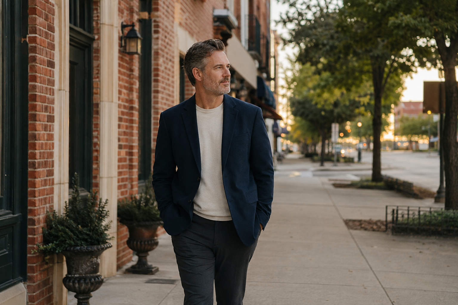 Male executive walking alone through a downtown business district after work.