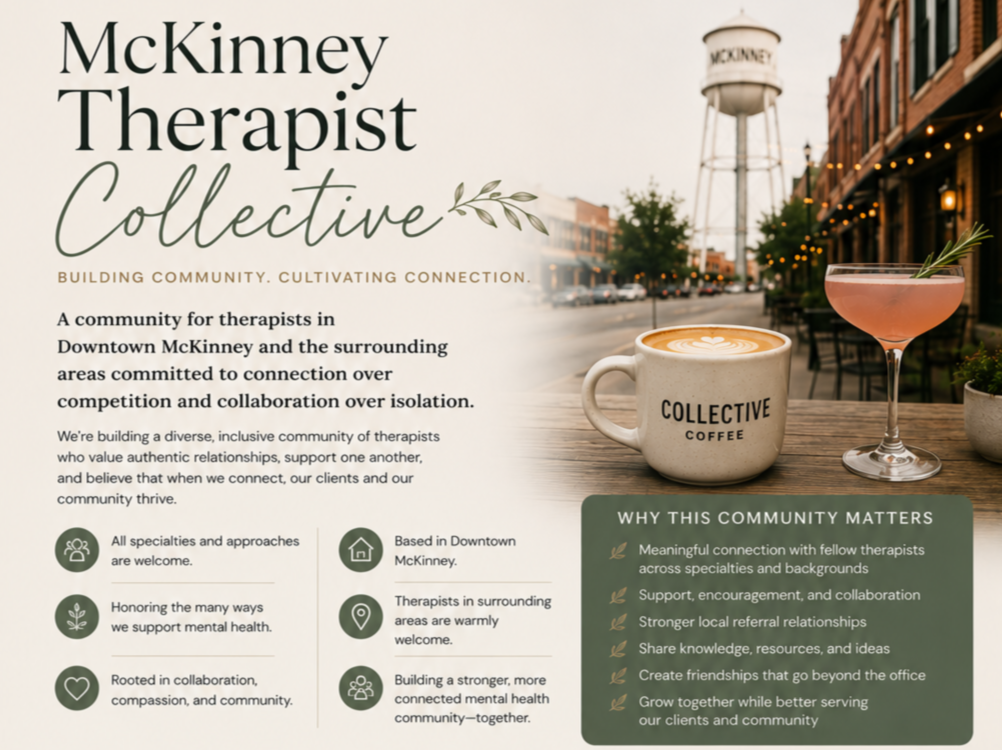 A promotional flyer for McKinney Therapist Collective featuring a street scene with outdoor tables and drinks, a water tower labeled 'McKinney', and text about building a community of therapists in Downtown McKinney.