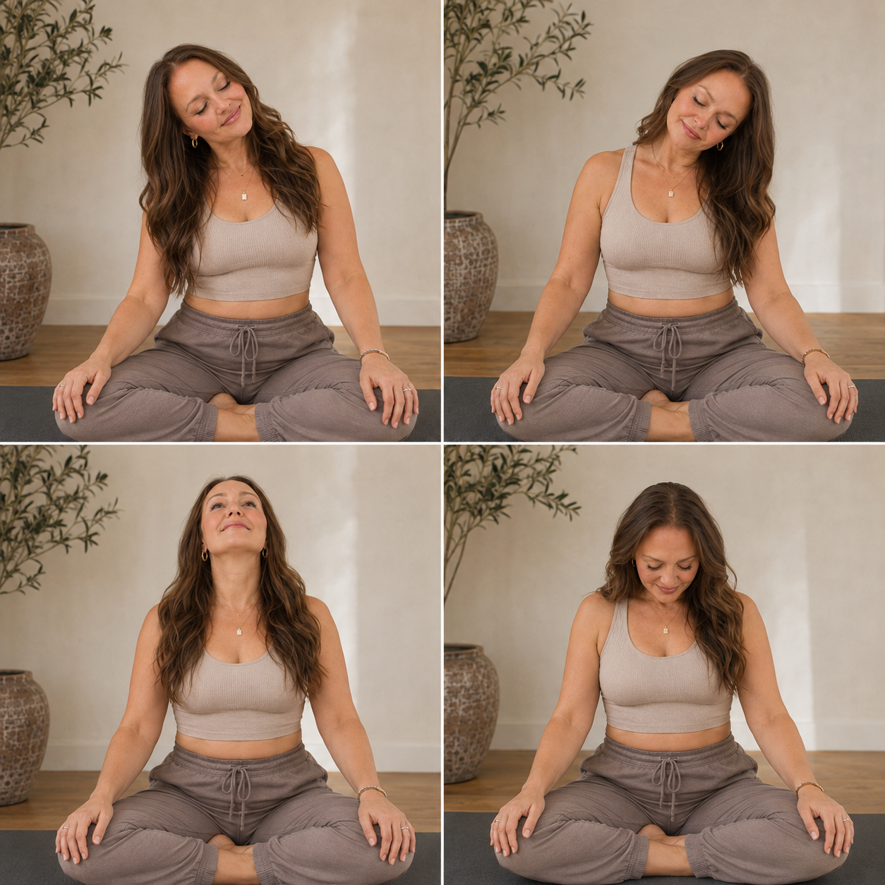 Elizabeth Boyer, somatic psychotherapist and yoga teacher, practicing a gentle seated spinal twist on a yoga mat.
