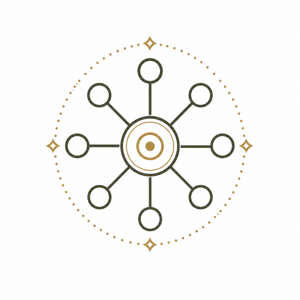 Stylized diagram of a hub with multiple connecting lines, decorated with gold accents and sparkles representing the McKinney Texas Therapist Collective.