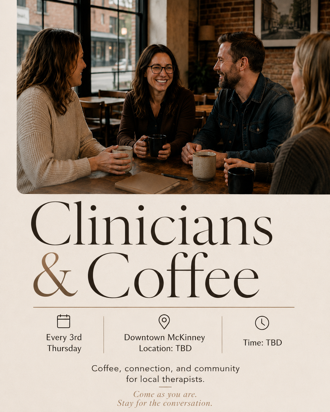 Start your morning with coffee, connection, and community. Whether you need a little jet fuel before your first client or simply want to connect with fellow therapists, we'd love to see you.