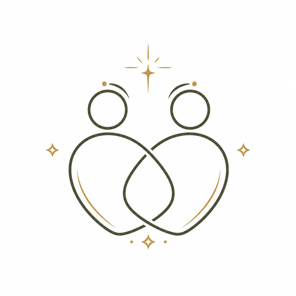 Minimalist line art of two people with overlapping hearts, surrounded by star-shaped sparkles.