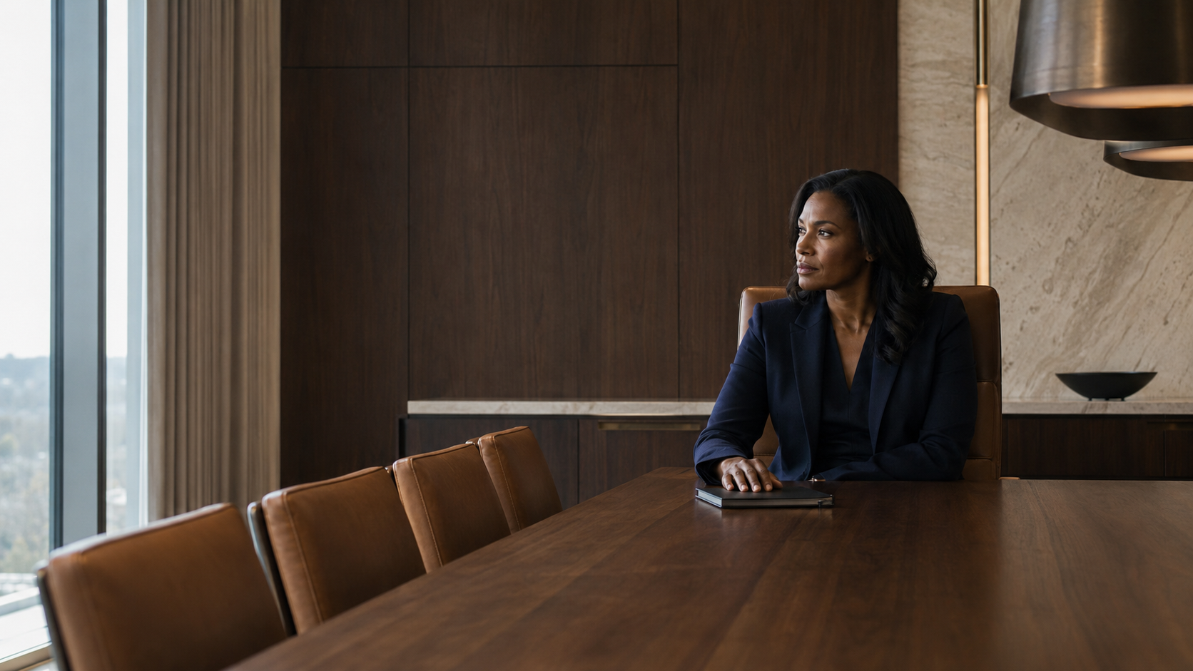 Black woman founder seated at a walnut conference table in a sophisticated executive boardroom.