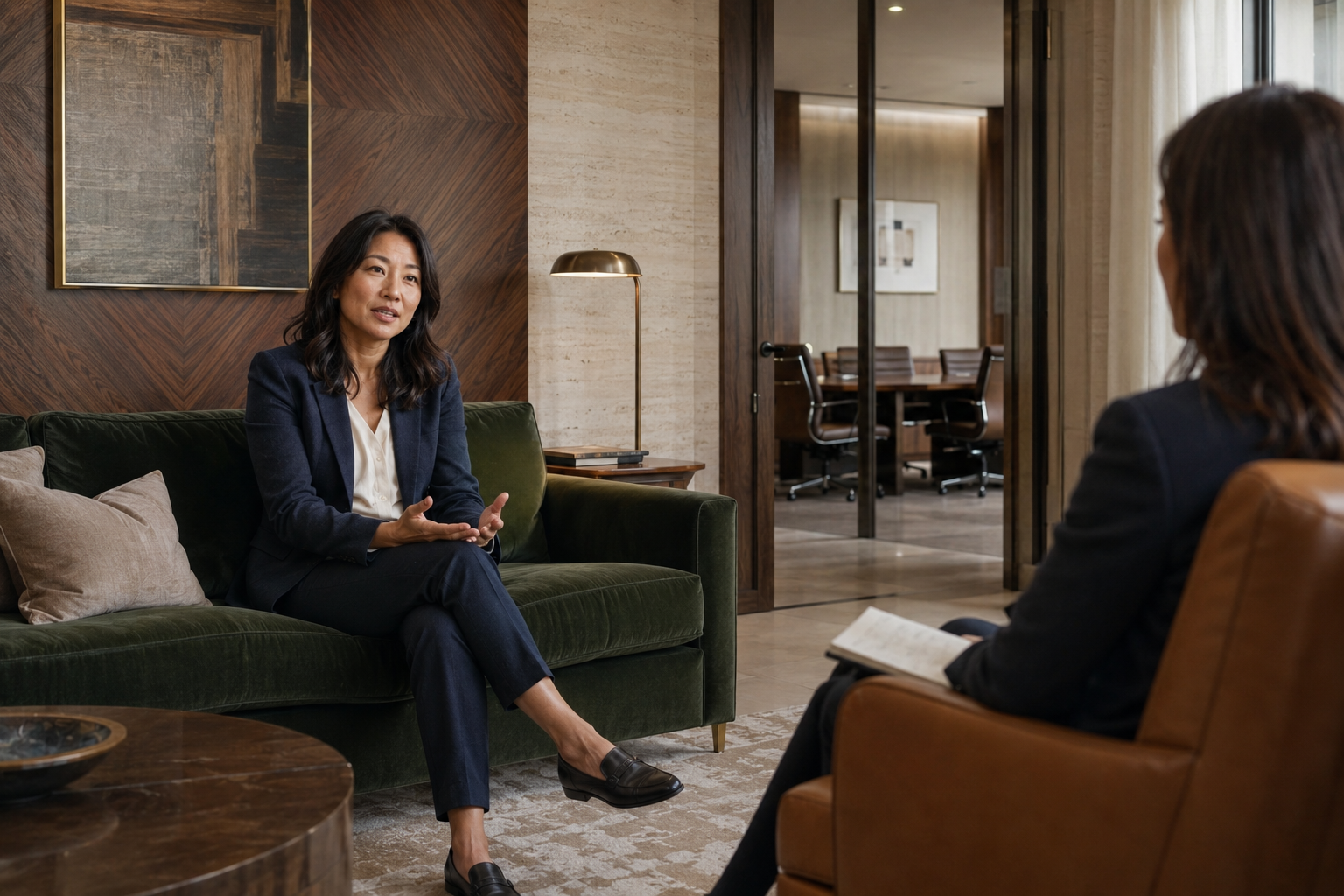 Woman executive speaking with a therapist in a private McKinney therapy office.