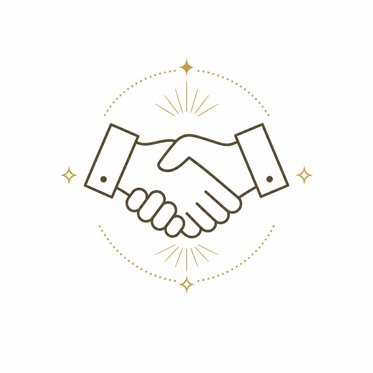 A line drawing of two hands shaking, surrounded by decorative gold stars and rays of light on a white background, symbolizing agreement or partnership.