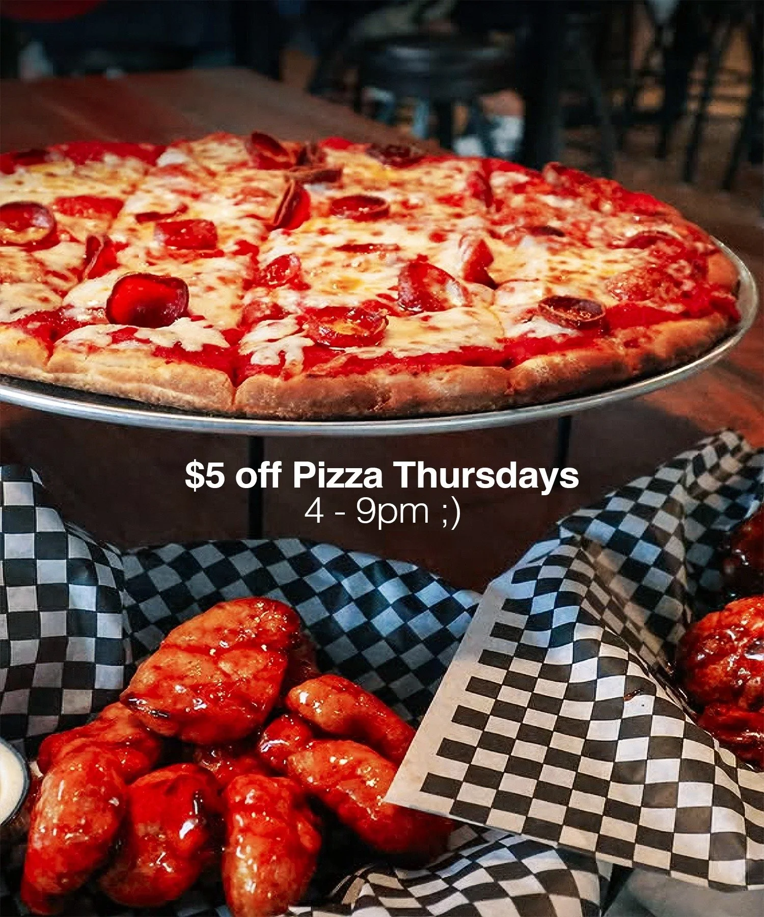 Looking for dinner plans tonight?
Join us for Pizza Thursday and enjoy $5 OFF all pizzas from 4&ndash;9PM! 🍕
Bring the family, meet up with friends, and enjoy a great night of food &amp; fun

https://www.wingsaxecompany.com/menu