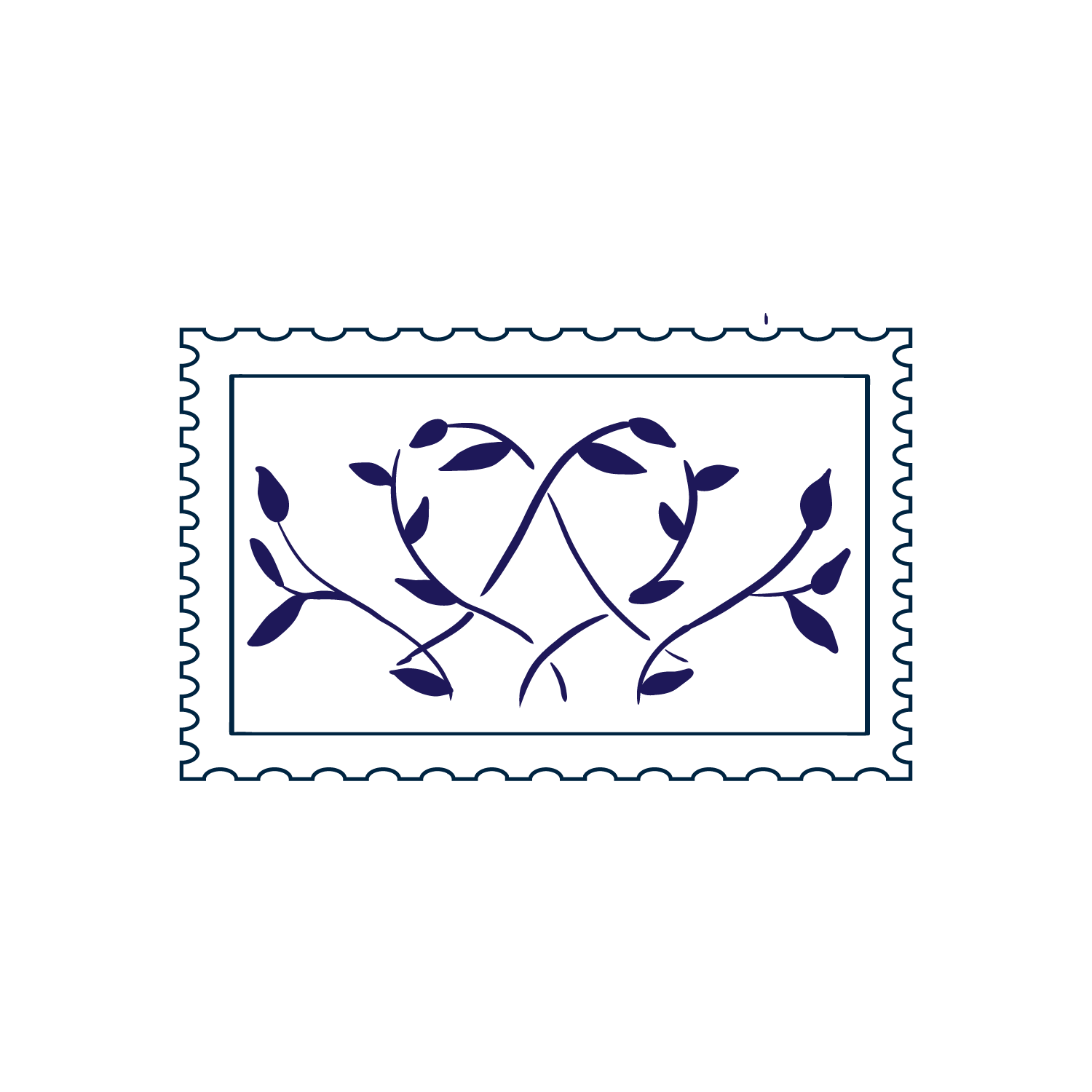 Graphic of a postage stamp with plant vines.