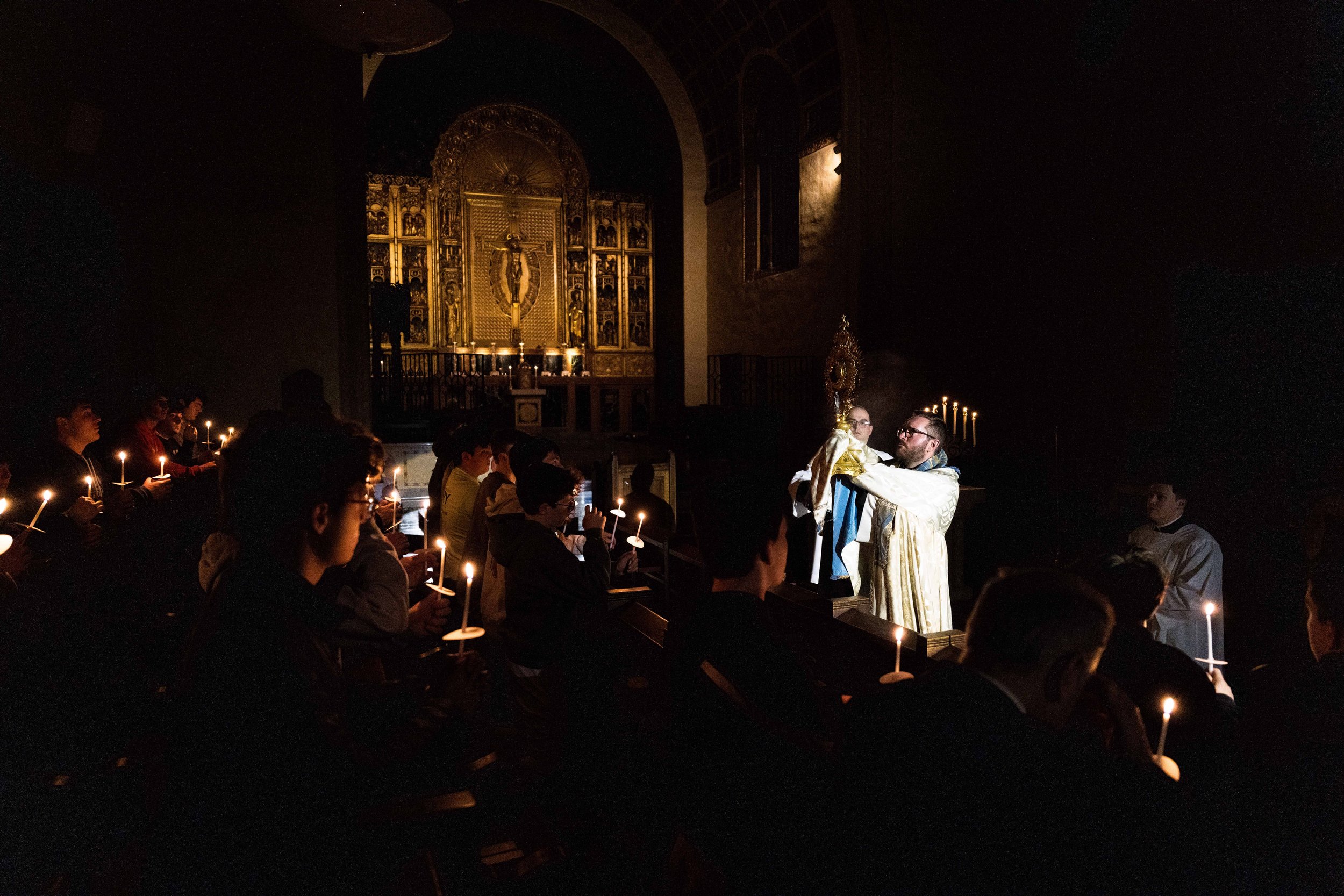 Fr. John Crozier, the Vocations Director for the Diocese of Rockville Centre, gives the benediction at a Holy Hour for vocations at the Seminary of the Immaculate Conception in Lloyd Harbor, New York on February 28, 2025.